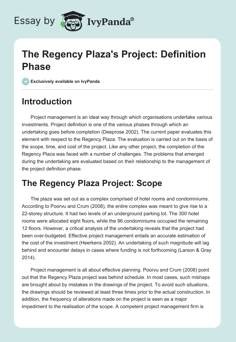 The Regency Plaza's Project: Definition Phase. Page 1