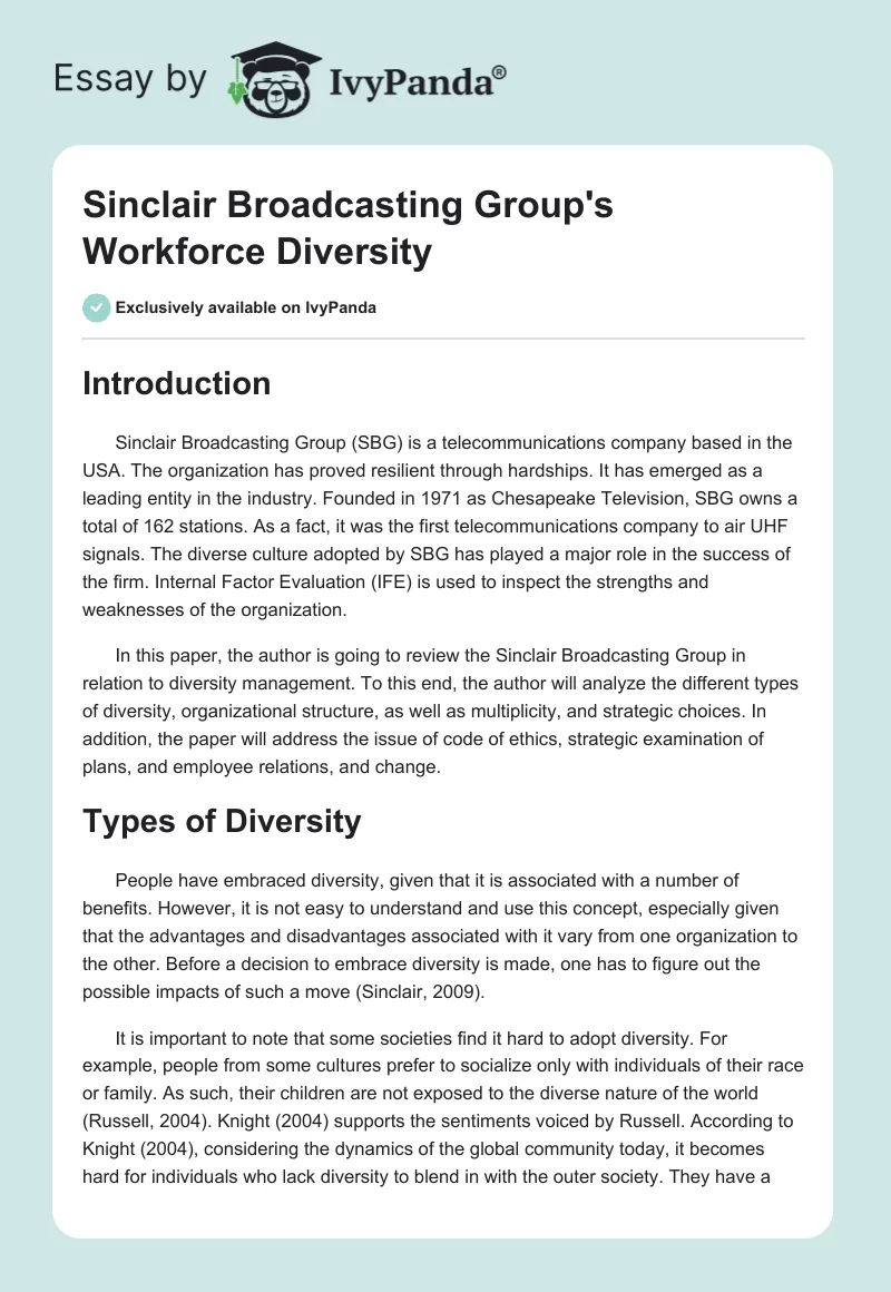 Sinclair Broadcasting Group's Workforce Diversity. Page 1