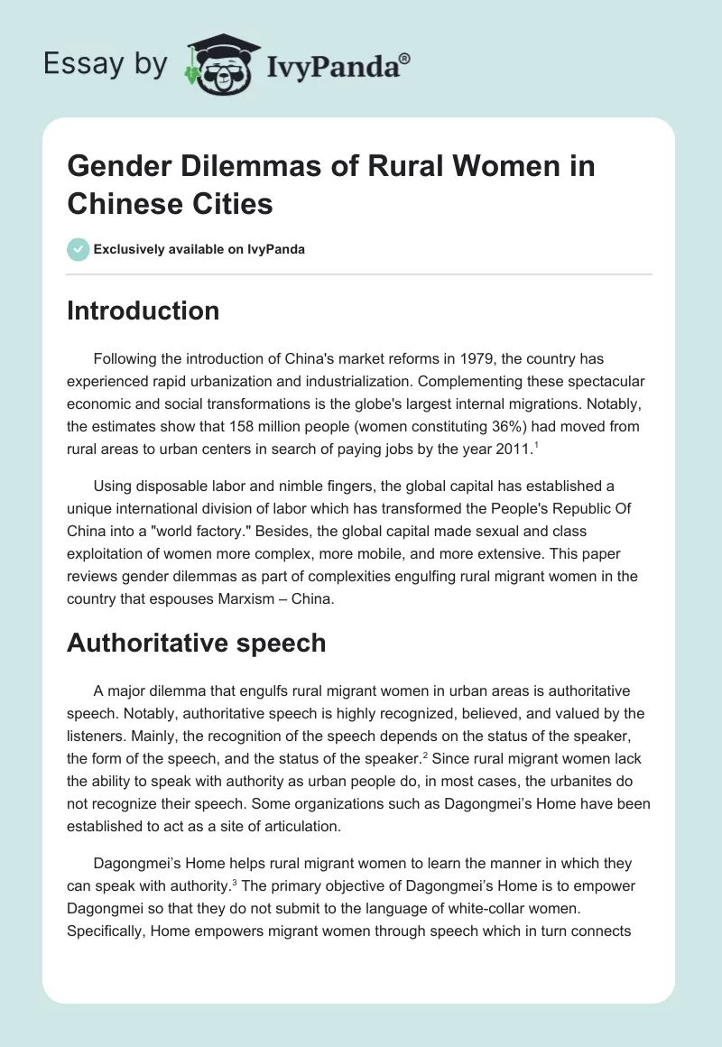 Gender Dilemmas of Rural Women in Chinese Cities. Page 1