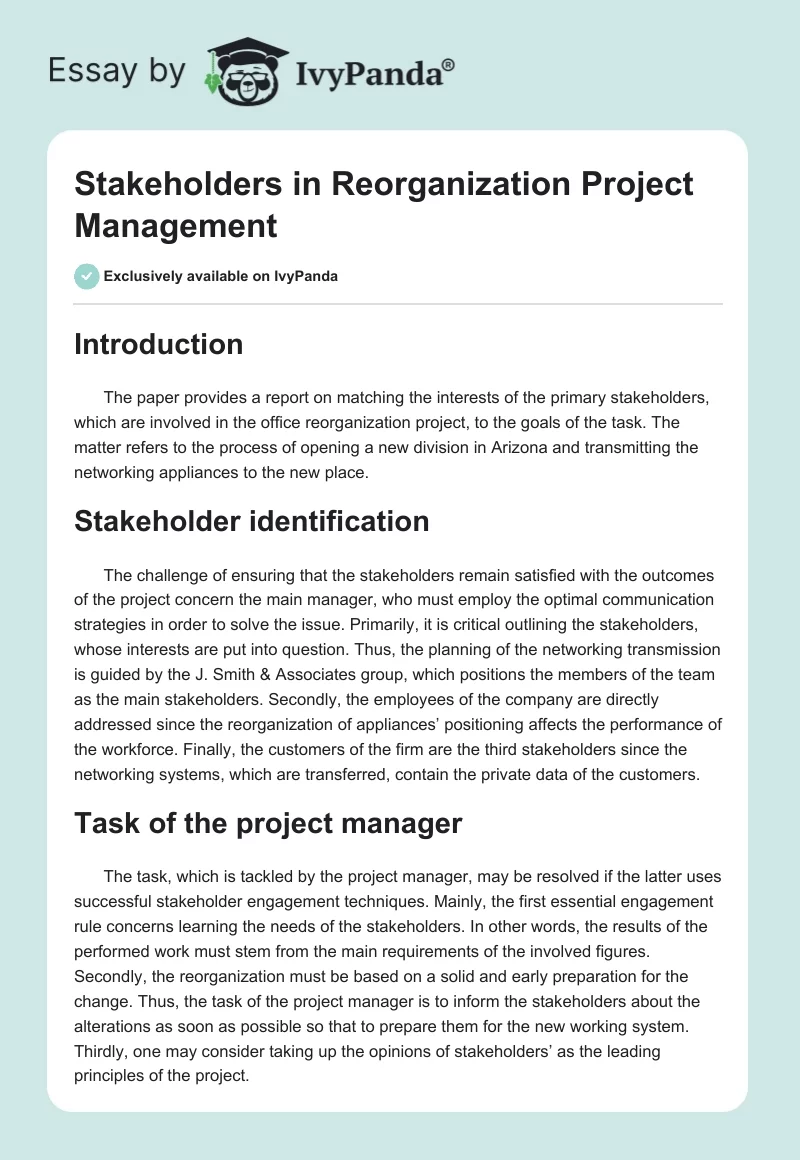 Stakeholders in Reorganization Project Management. Page 1