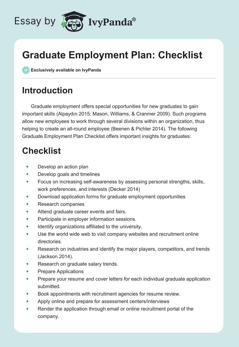 Graduate Employment Plan: Checklist. Page 1