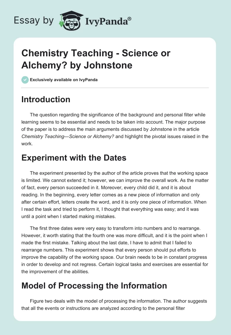 "Chemistry Teaching - Science or Alchemy?" by Johnstone. Page 1