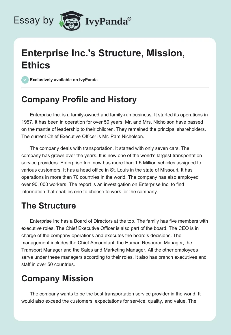 Enterprise Inc.'s Structure, Mission, Ethics. Page 1