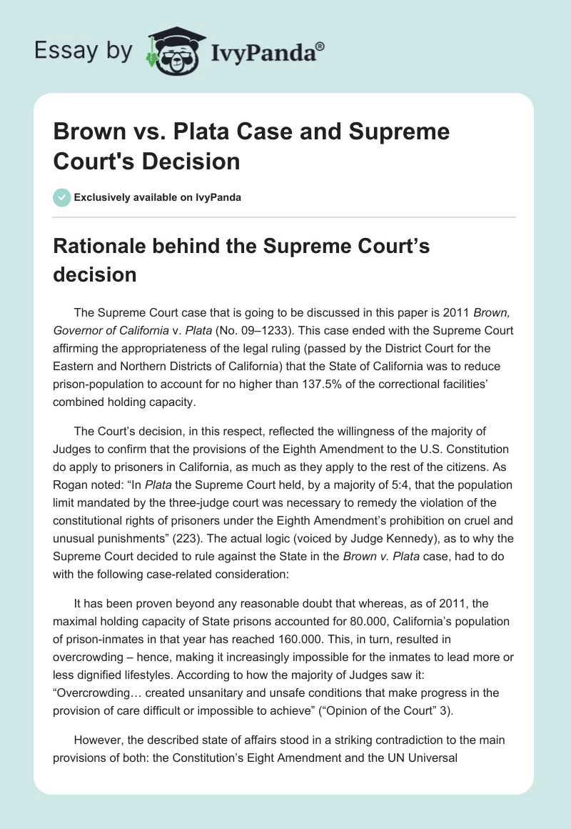Brown vs. Plata Case and Supreme Court's Decision. Page 1