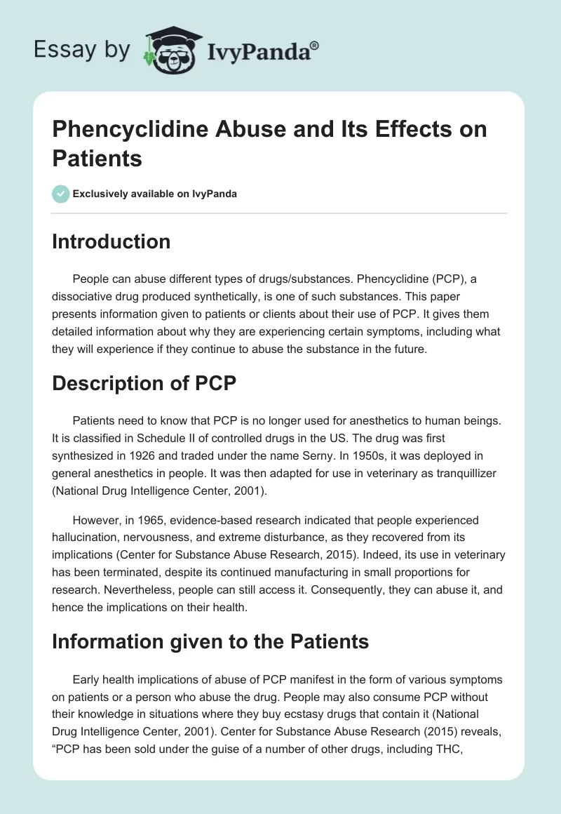 Phencyclidine Abuse and Its Effects on Patients. Page 1