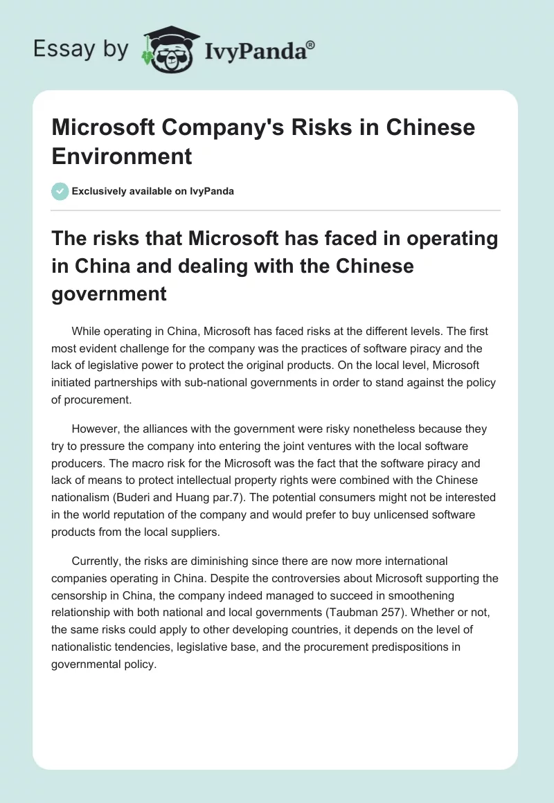 Microsoft Company's Risks in Chinese Environment. Page 1