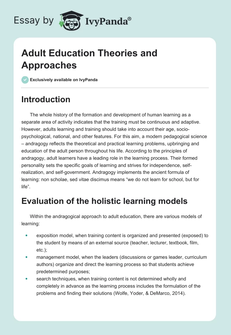 Adult Education Theories and Approaches. Page 1