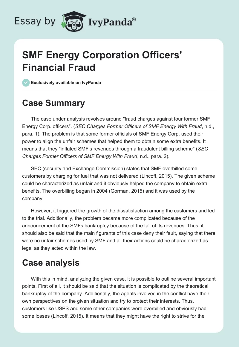 SMF Energy Corporation Officers' Financial Fraud. Page 1