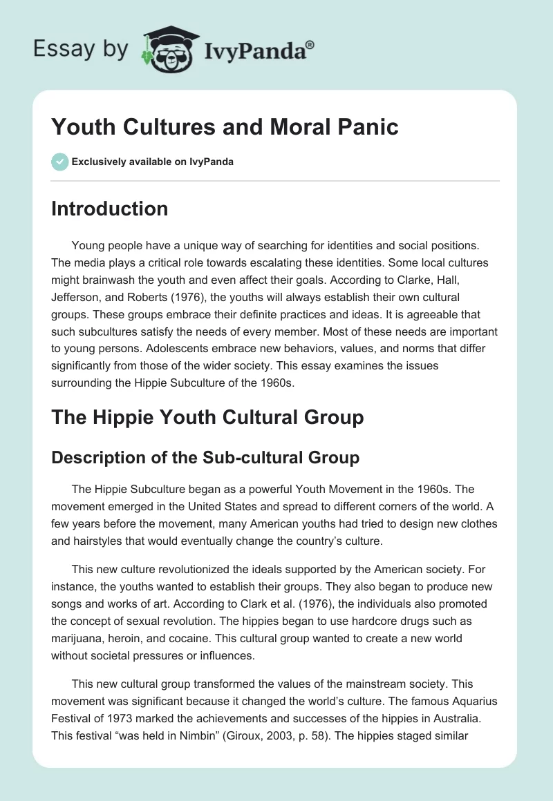 Youth Cultures and Moral Panic. Page 1