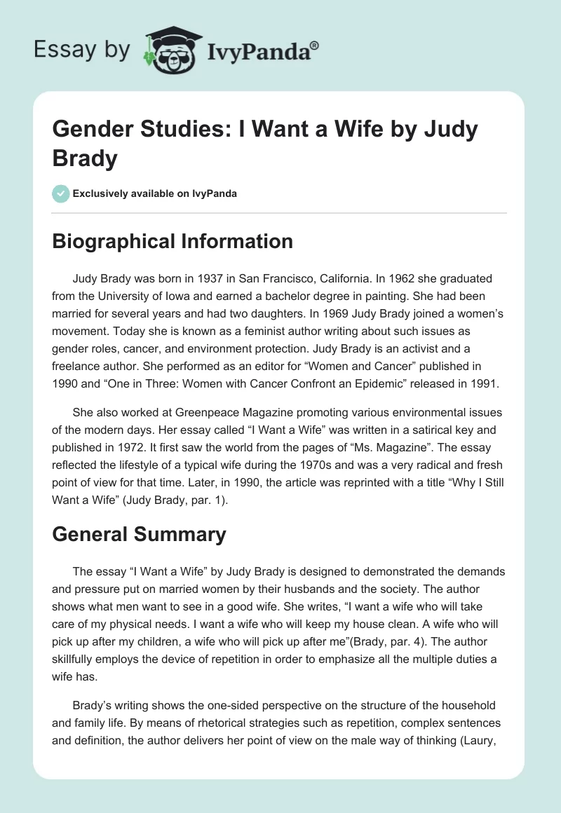 Gender Studies: "I Want a Wife" by Judy Brady. Page 1