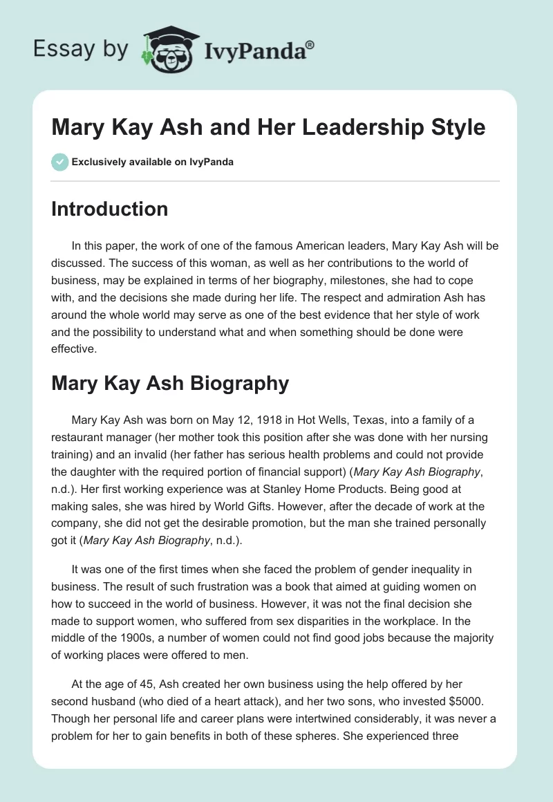 Mary Kay Ash and Her Leadership Style. Page 1