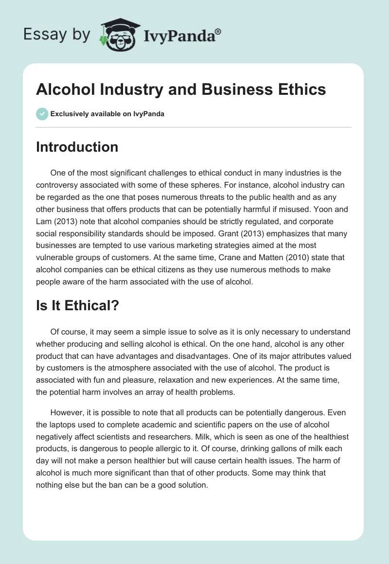 Alcohol Industry and Business Ethics. Page 1