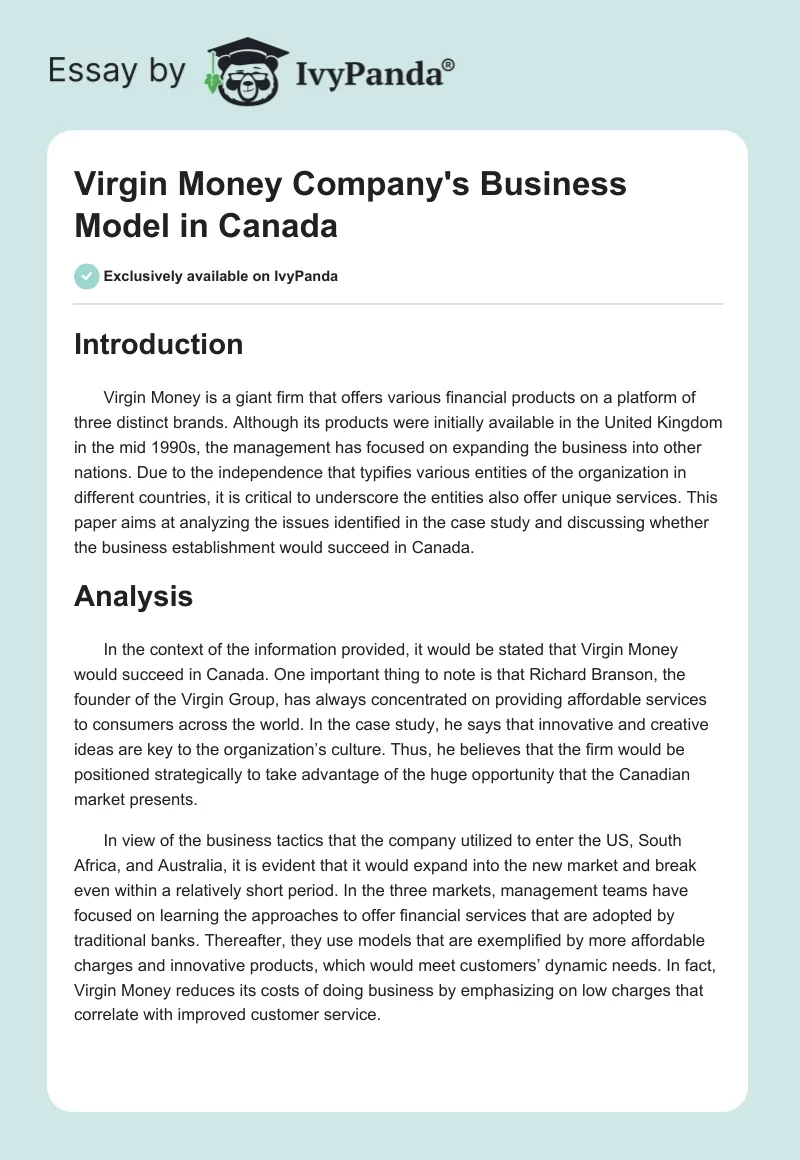 Virgin Money Company's Business Model in Canada. Page 1