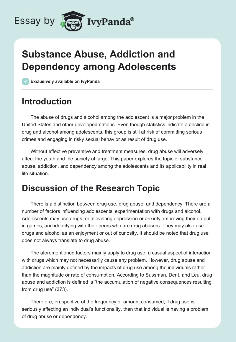 Substance Abuse, Addiction and Dependency Among Adolescents. Page 1