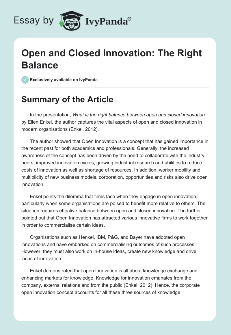 Open and Closed Innovation: The Right Balance. Page 1