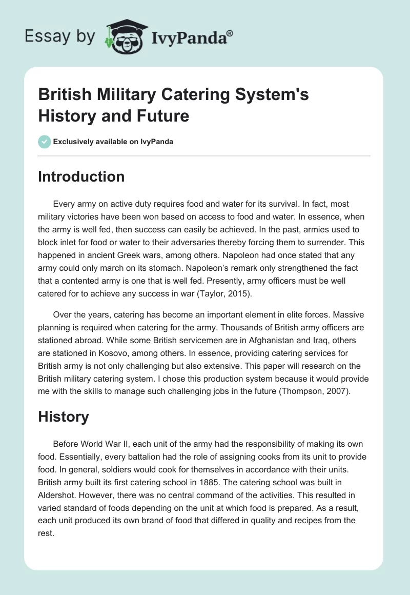 British Military Catering System's History and Future. Page 1