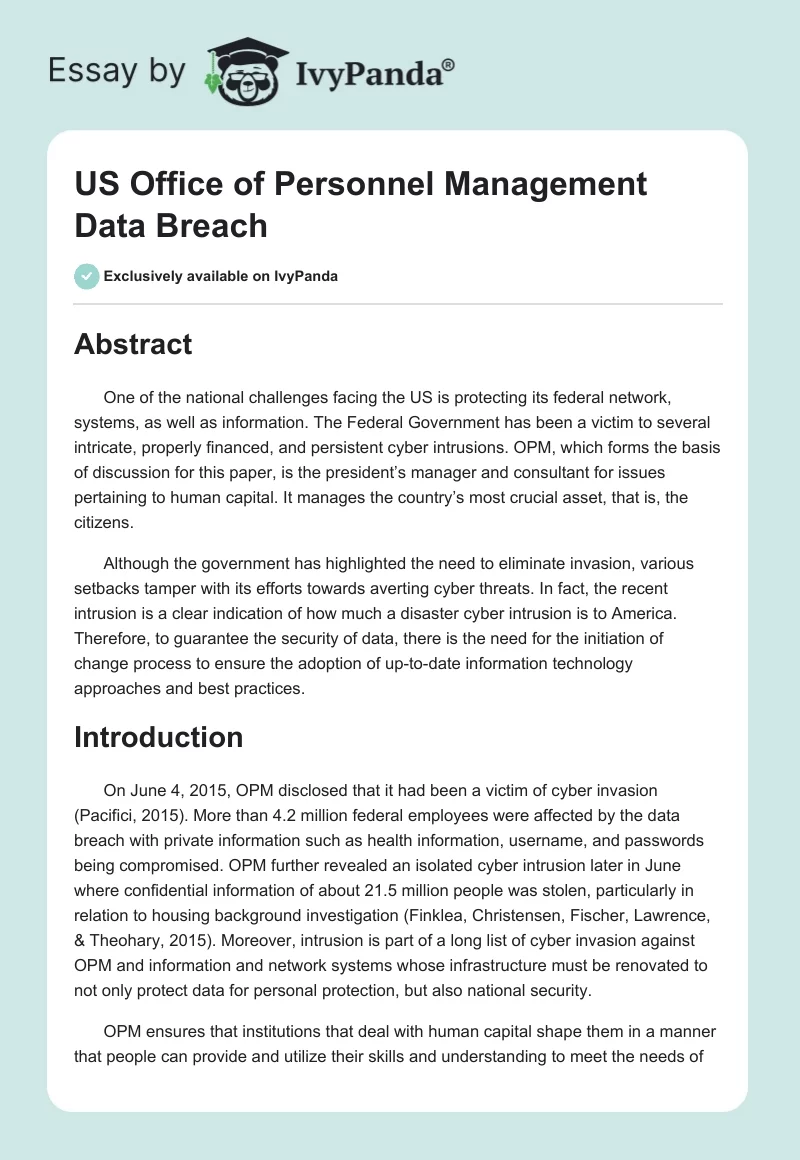 US Office of Personnel Management Data Breach. Page 1