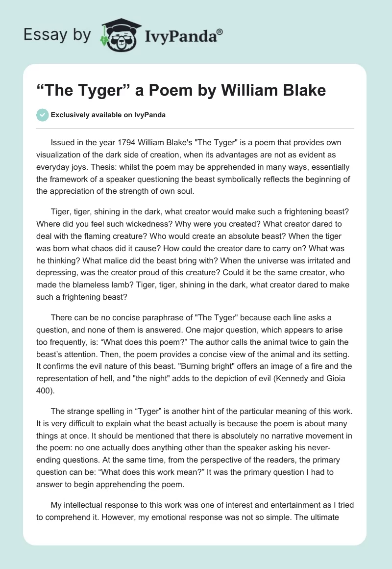 “The Tyger” a Poem by William Blake. Page 1