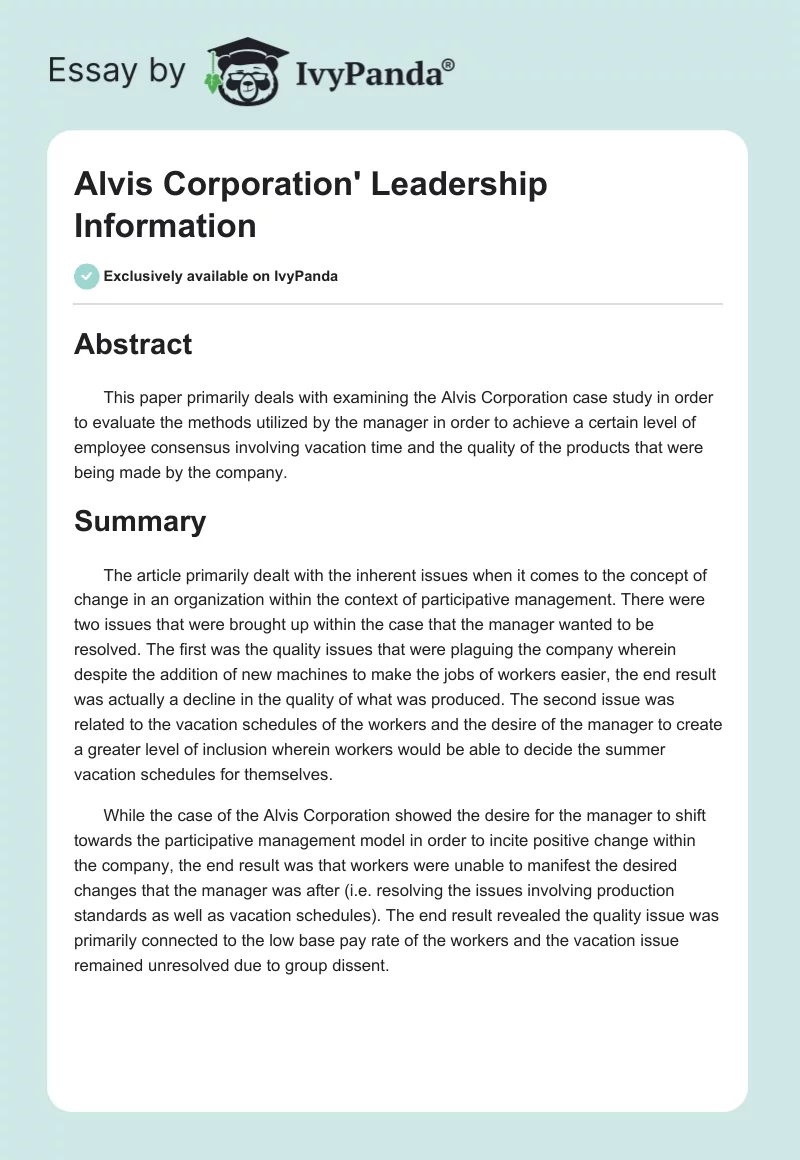 Alvis Corporation' Leadership Information. Page 1