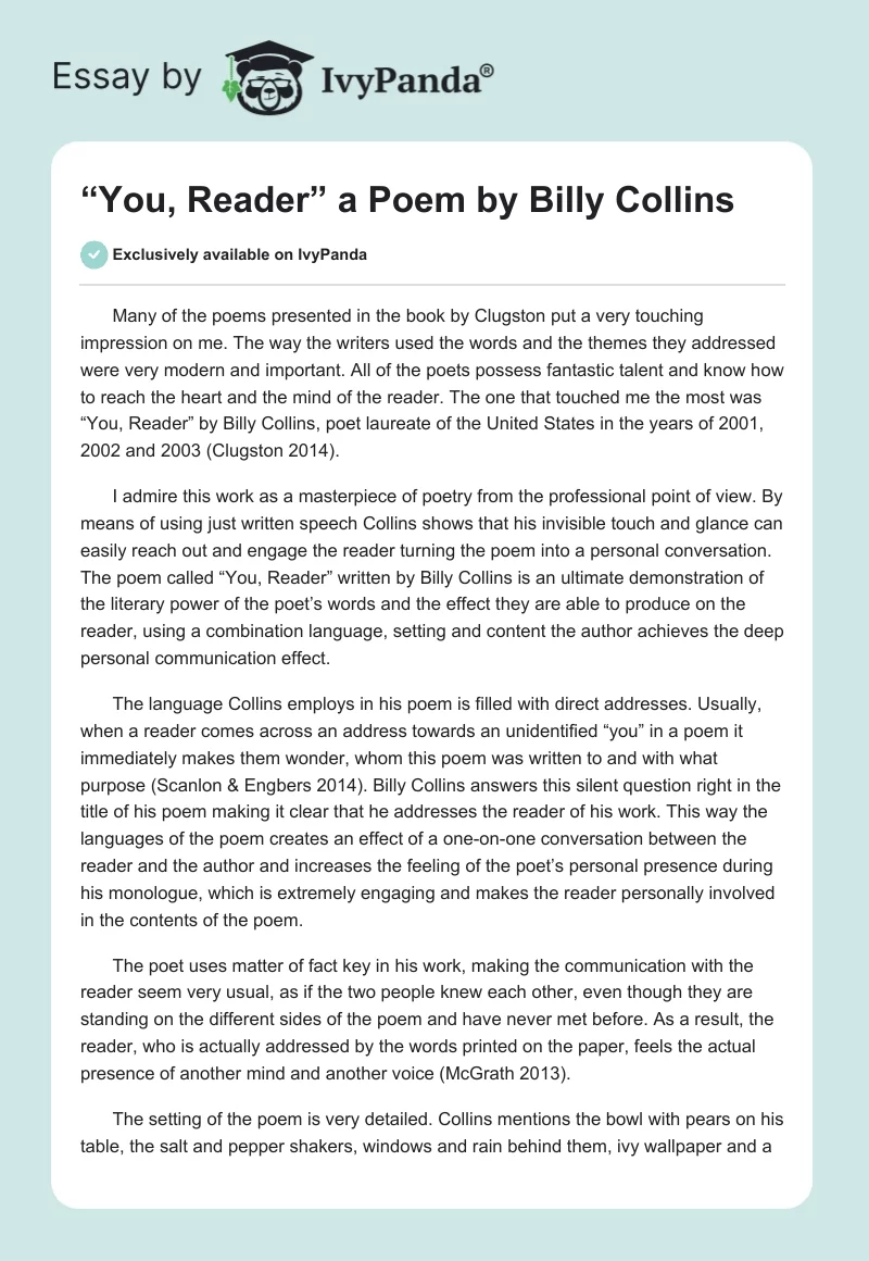 “You, Reader” a Poem by Billy Collins. Page 1