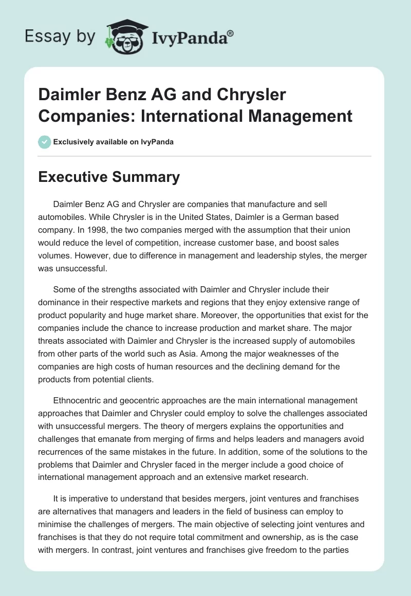 Daimler Benz AG and Chrysler Companies: International Management. Page 1