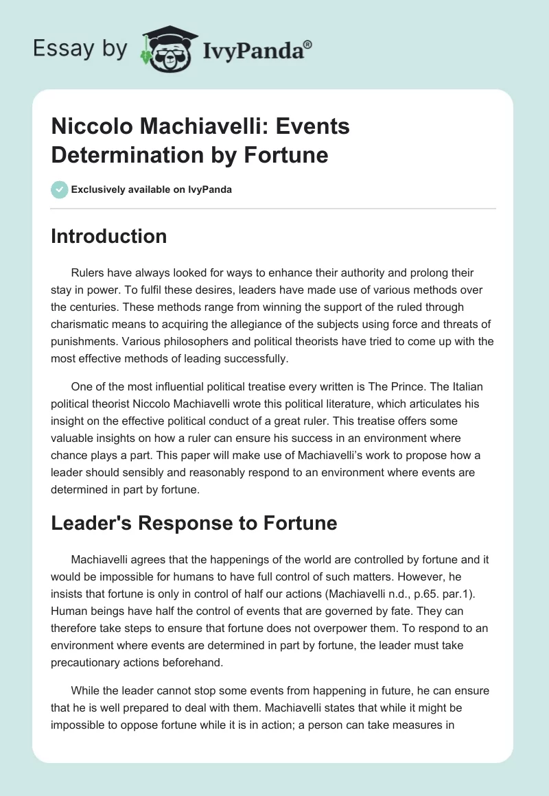 Niccolo Machiavelli: Events Determination by Fortune. Page 1