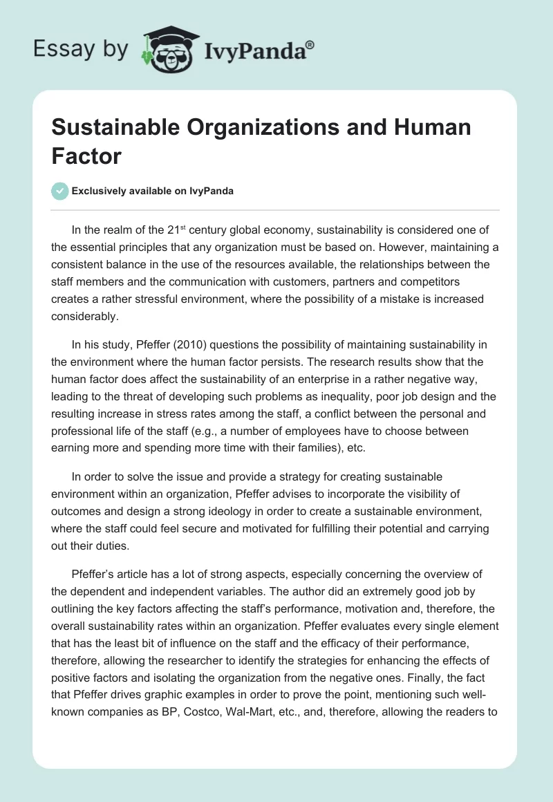 Sustainable Organizations and Human Factor. Page 1