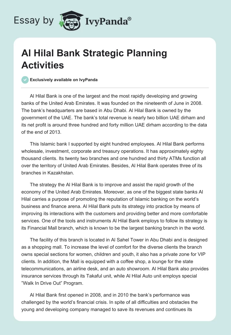Al Hilal Bank Strategic Planning Activities. Page 1