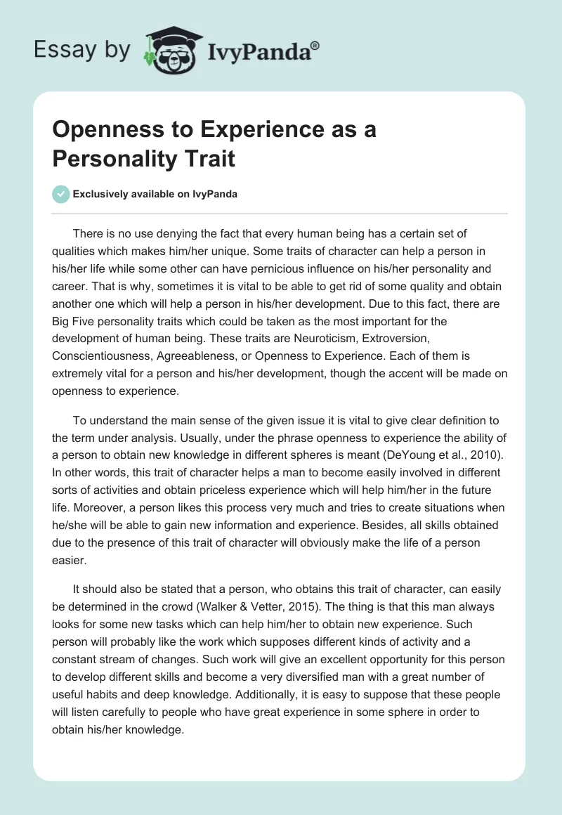 Openness to Experience as a Personality Trait. Page 1