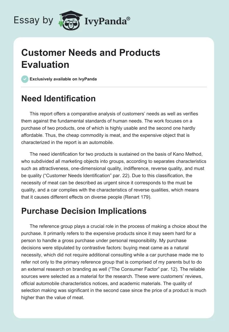 Customer Needs and Products Evaluation. Page 1