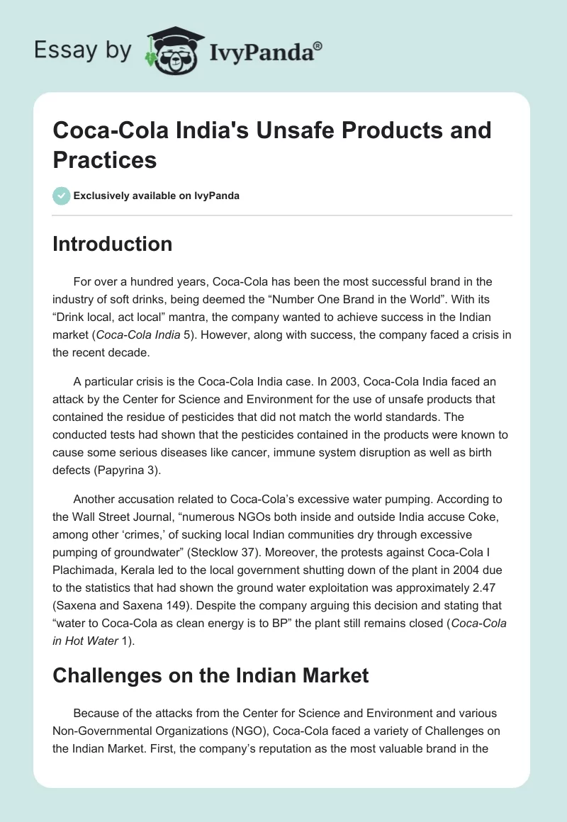 Coca-Cola India's Unsafe Products and Practices. Page 1