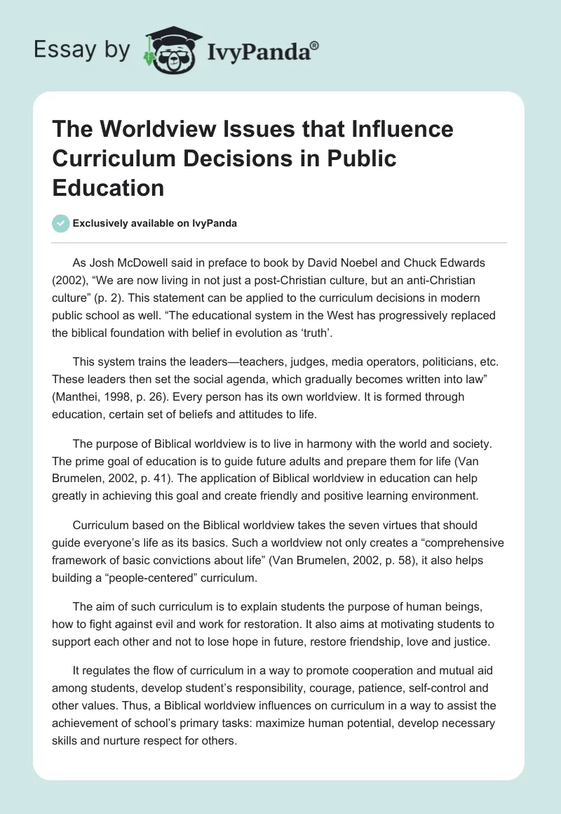 The Worldview Issues that Influence Curriculum Decisions in Public Education. Page 1