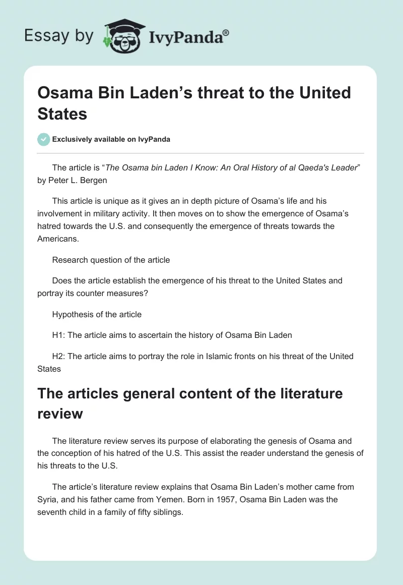 Osama Bin Laden’s threat to the United States. Page 1