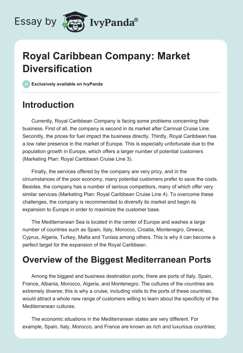 Royal Caribbean Company: Market Diversification. Page 1