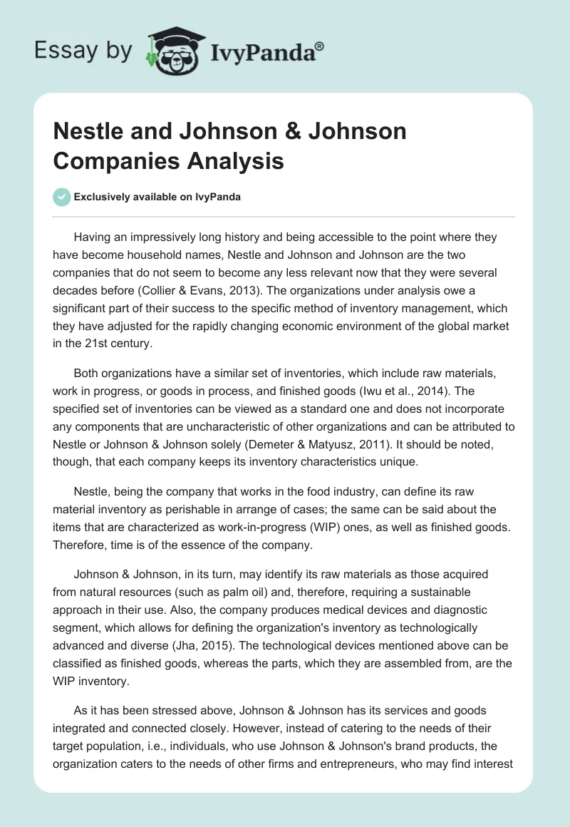 Nestle and Johnson & Johnson Companies Analysis. Page 1
