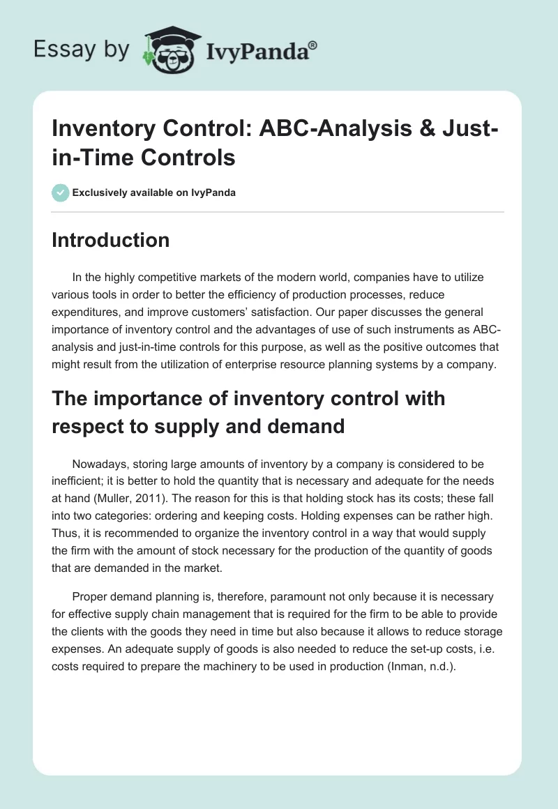 Inventory Control: ABC-Analysis & Just-in-Time Controls. Page 1