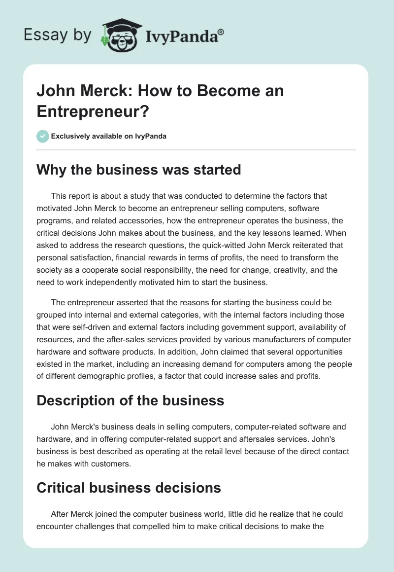 John Merck: How to Become an Entrepreneur?. Page 1