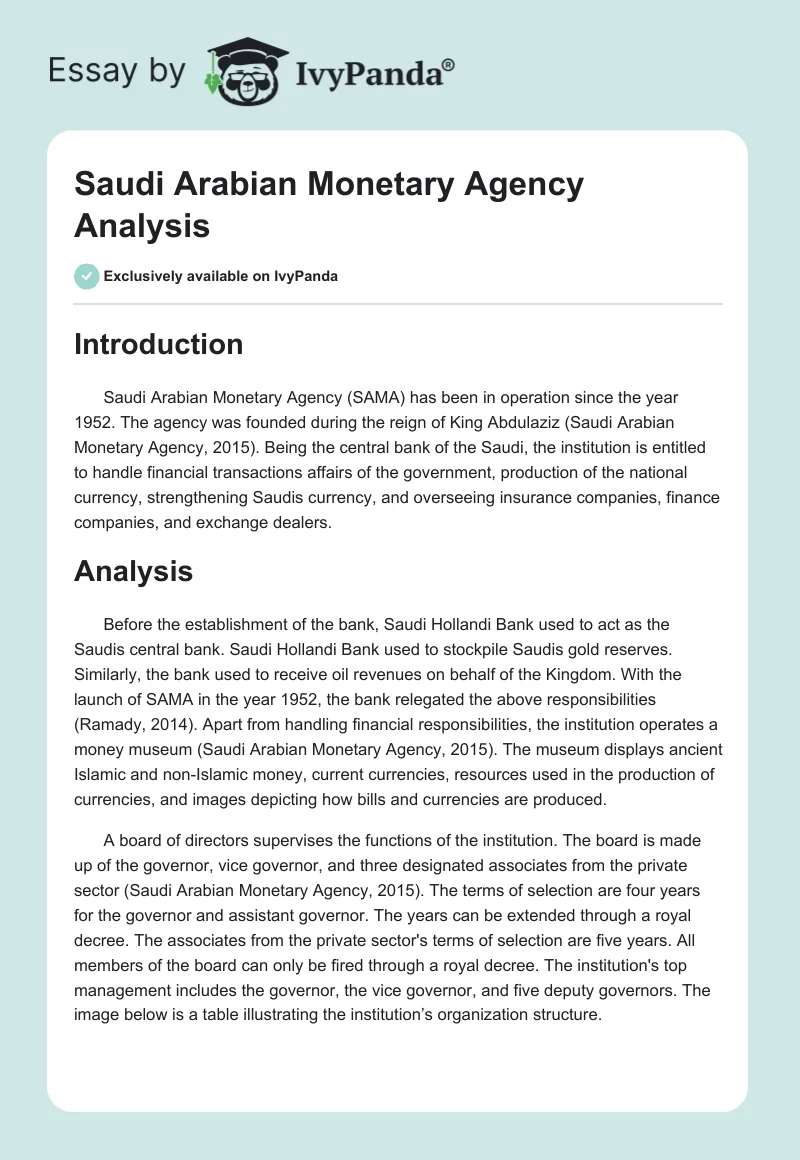 Saudi Arabian Monetary Agency Analysis. Page 1
