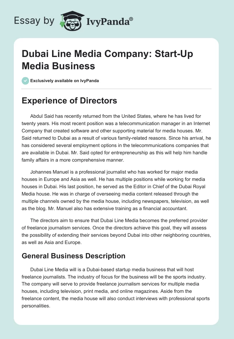Dubai Line Media Company: Start-Up Media Business. Page 1
