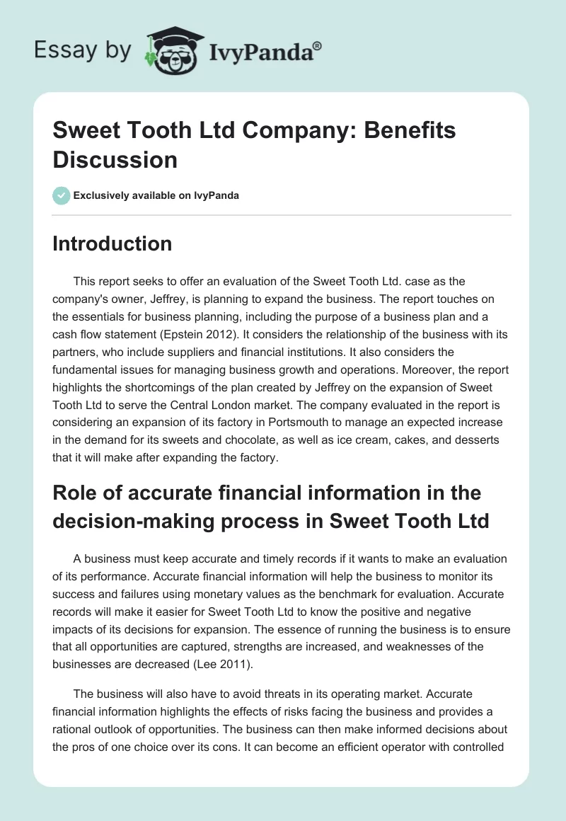 Sweet Tooth Ltd Company: Benefits Discussion. Page 1