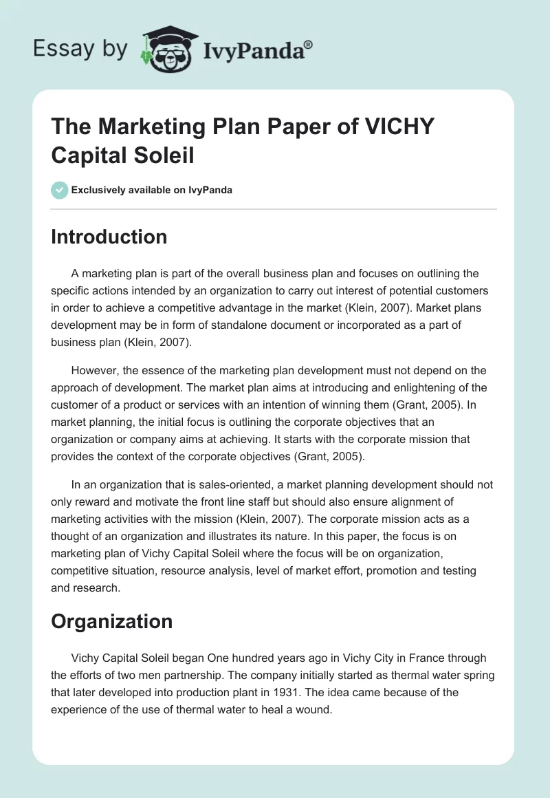 The Marketing Plan Paper of VICHY Capital Soleil. Page 1