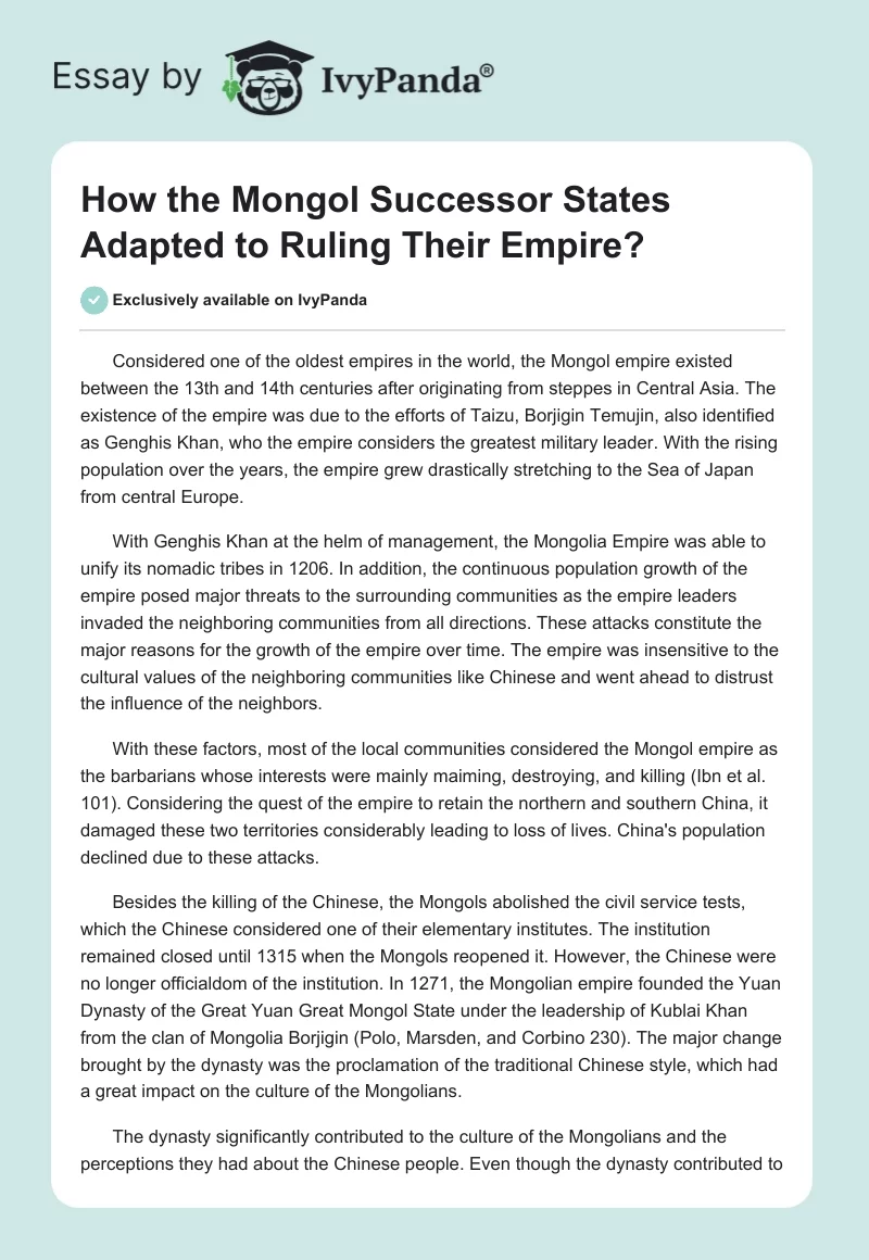 How the Mongol Successor States Adapted to Ruling Their Empire?. Page 1