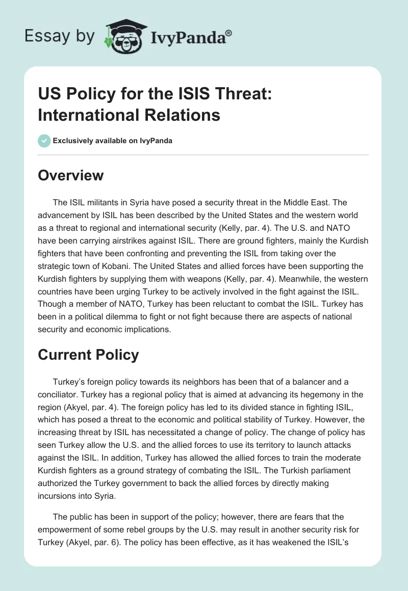 US Policy for the ISIS Threat: International Relations. Page 1