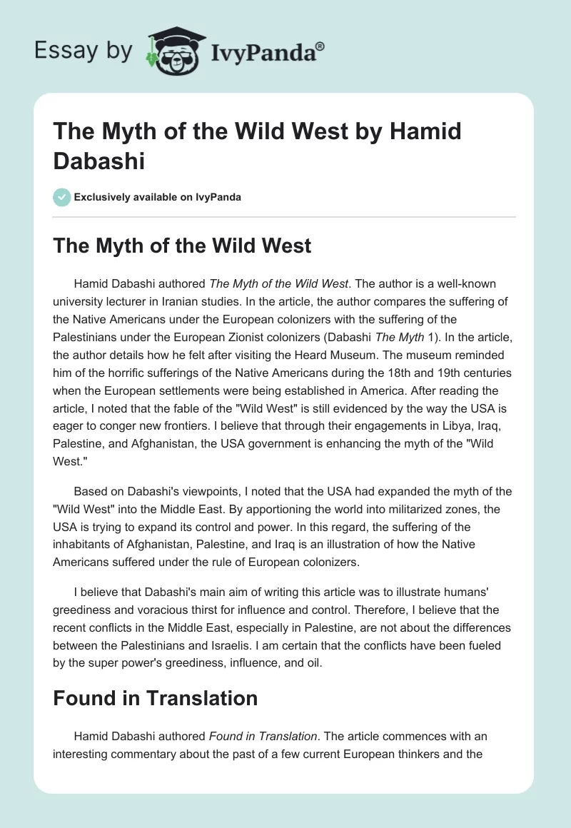 "The Myth of the Wild West" by Hamid Dabashi. Page 1