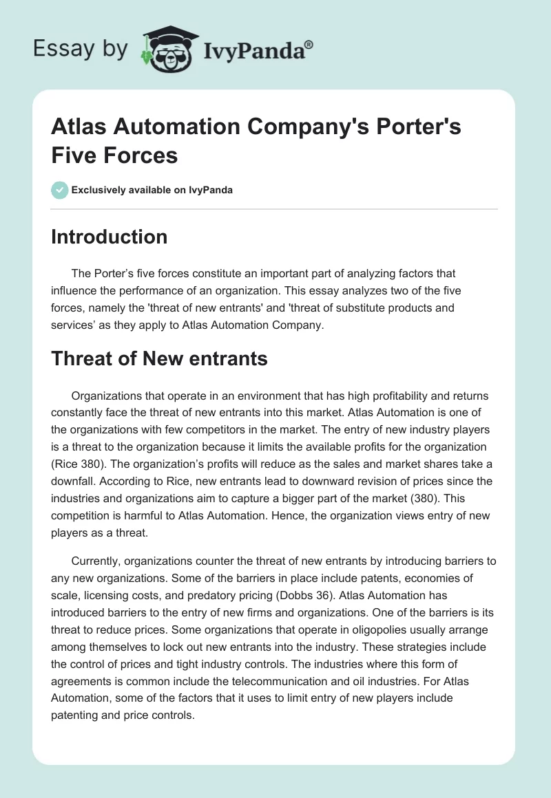 Atlas Automation Company's Porter's Five Forces. Page 1