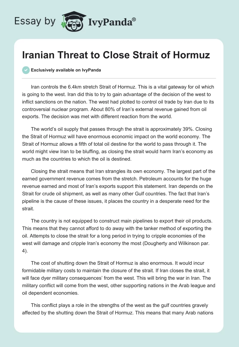 Iranian Threat to Close Strait of Hormuz. Page 1