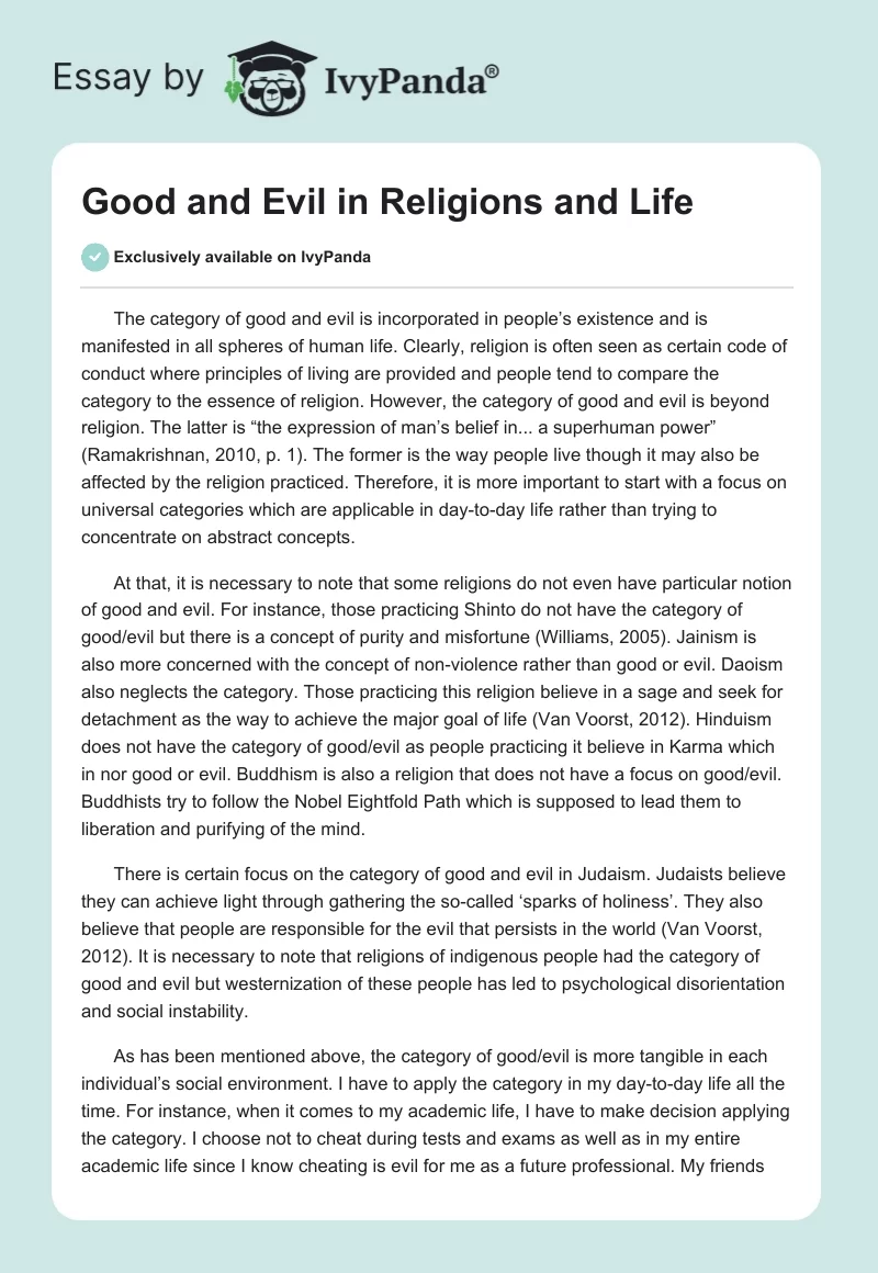 Good and Evil in Religions and Life - 559 Words | Essay Example
