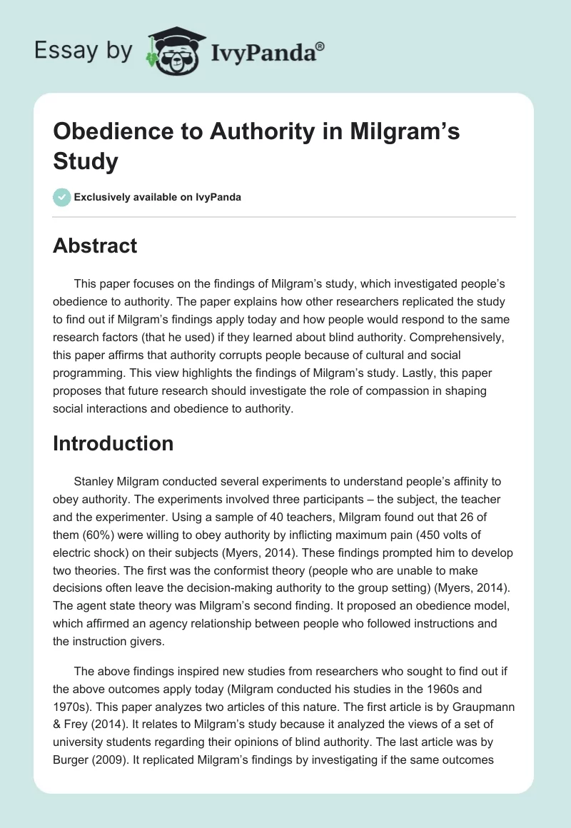 Obedience to Authority in Milgram’s Study. Page 1