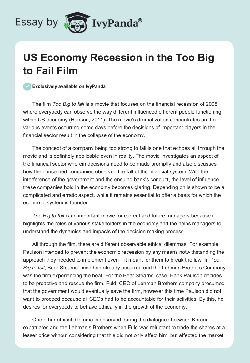 US Economy Recession in the Too Big to Fail Film. Page 1