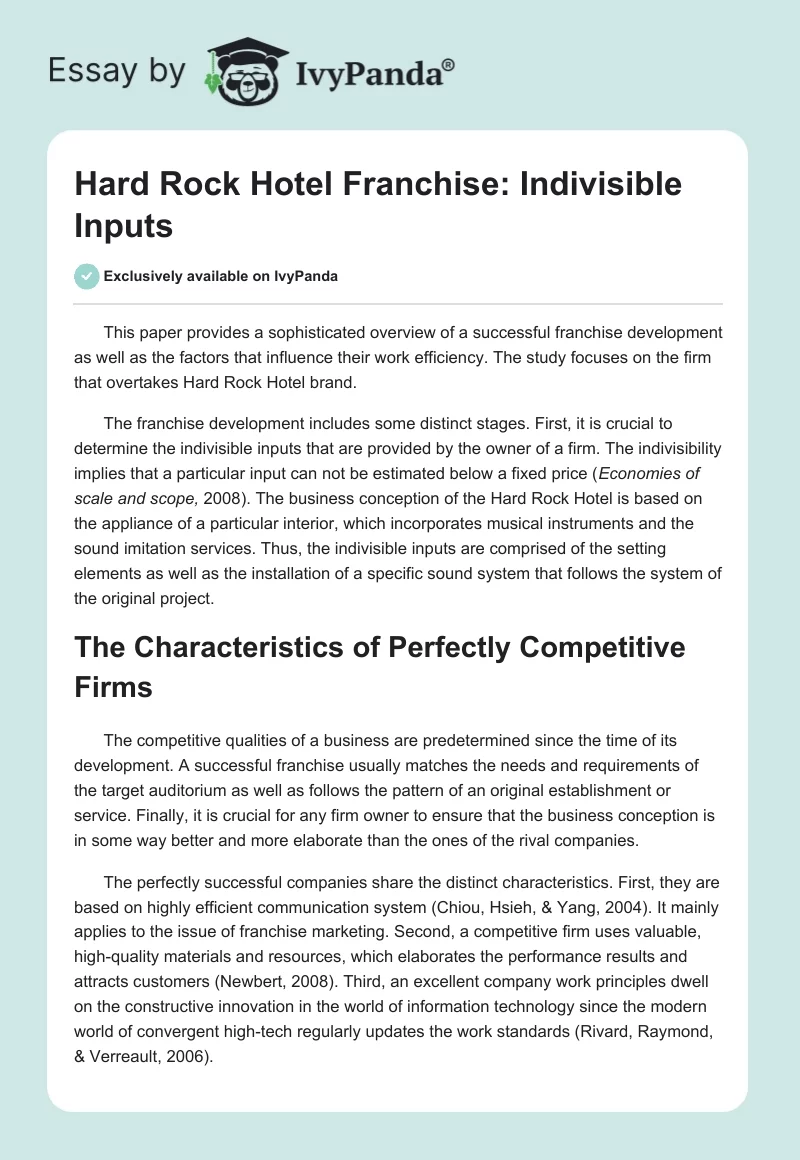Hard Rock Hotel Franchise: Indivisible Inputs. Page 1